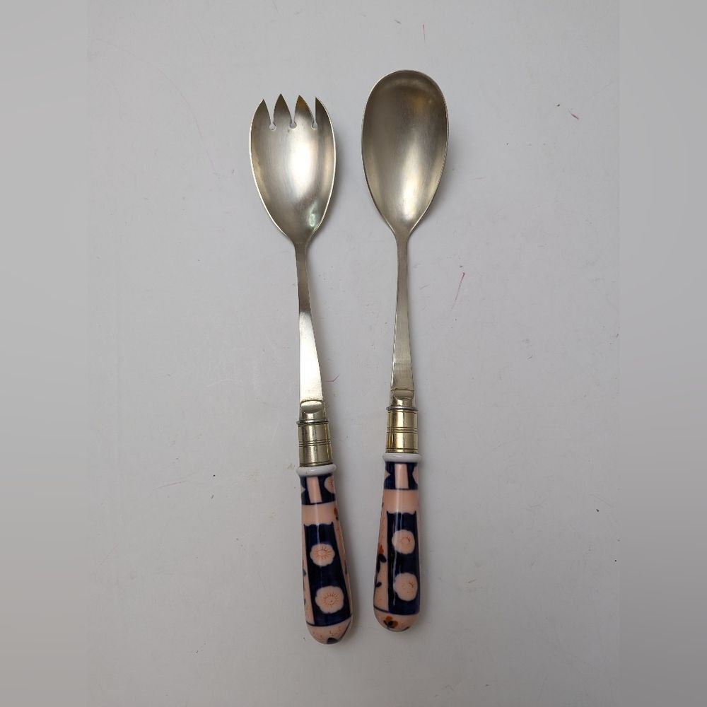 Antique Imari Porcelain Handle Salad Servers – Fork & Spoon Set – Early 1900s